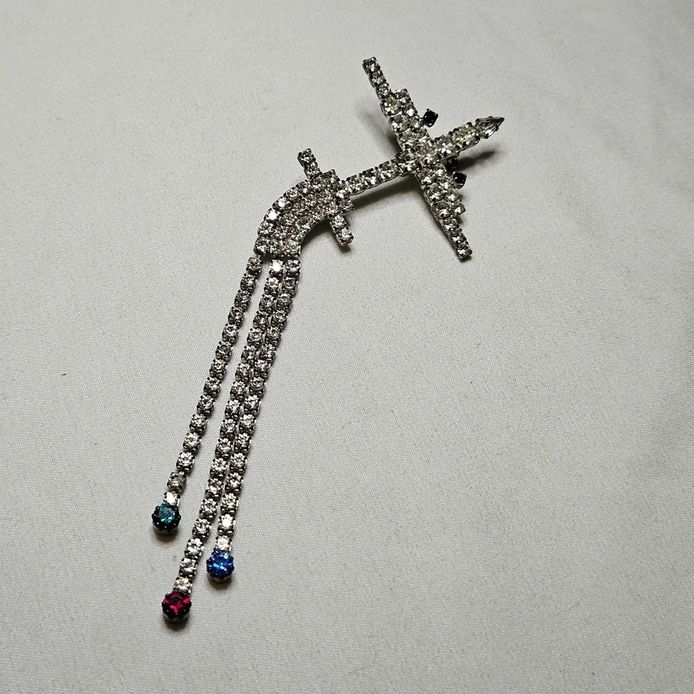 Vintage Rhinestone Airplane Brooch Silver Tone Dangle Charms MCM Retro Jewelry